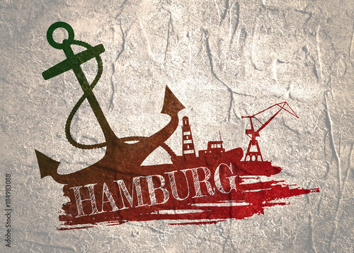 Anchor, lighthouse, ship and crane icons on brush stroke. Calligraphy inscription. Hamburg city name text