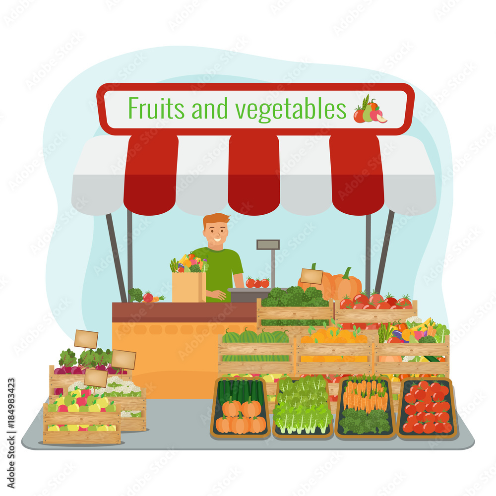 Fototapeta premium Local farm fruits and vegetables market. Happy farmer. Vector fl