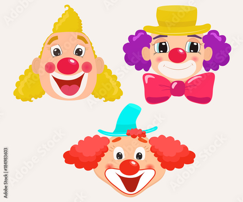 Set of cartoon clown faces. Vector illustration.