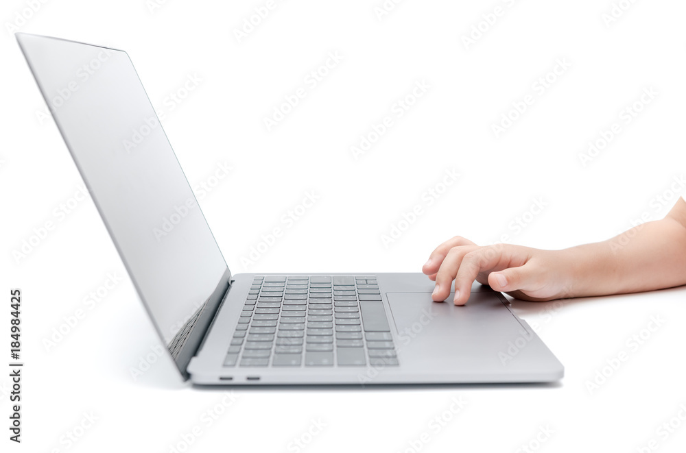 Hand student using laptop to do homework isolated Hand student using laptop to do homework isolated