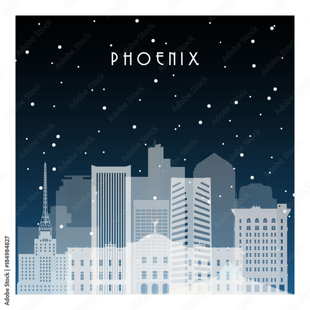 Winter night in Pheonix. Night city in flat style for banner, poster, illustration, background.