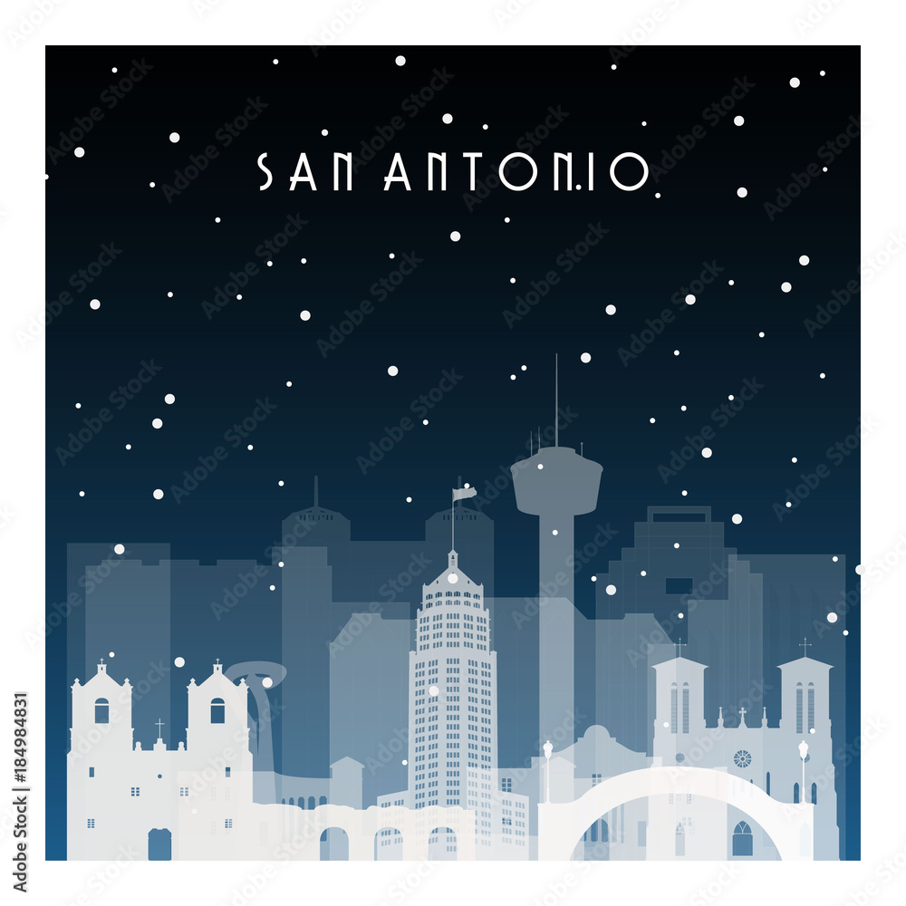 Naklejka premium Winter night in San Antonio. Night city in flat style for banner, poster, illustration, background.