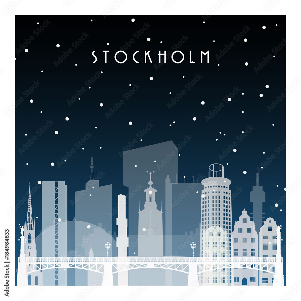 Winter night in Stockholm. Night city in flat style for banner, poster, illustration, background.
