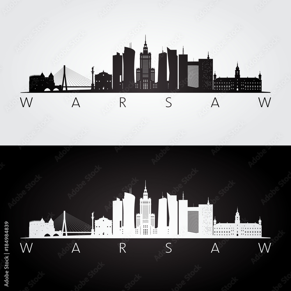 Warsaw skyline and landmarks silhouette, black and white design, vector illustration.