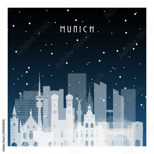 Winter night in Munich. Night city in flat style for banner, poster, illustration, background.