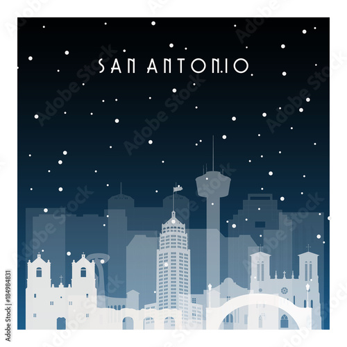 Winter night in San Antonio. Night city in flat style for banner, poster, illustration, background.