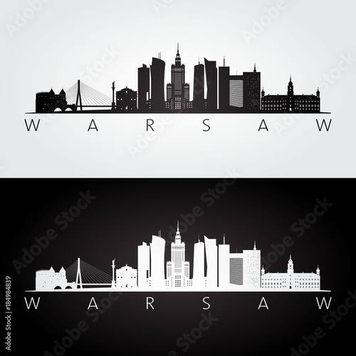 Warsaw skyline and landmarks silhouette, black and white design, vector illustration. photo