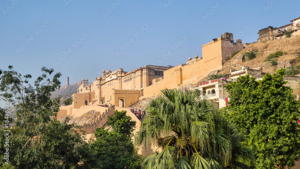 AMER, INDIA, OCTOBER 19, 2017 - Fort Amber is a fortress in Amer,near Jaipur, Rajasthan state, India. Located on a hill, it is the main tourist attraction of the Jaipur area.