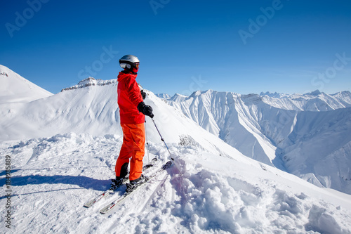 Woman prepares to ski in Gudauri ski resort, Georgia