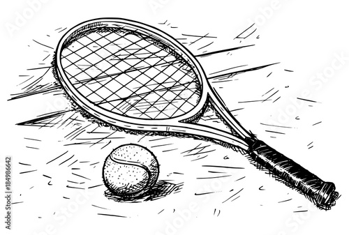 Tennis Racket and Ball Vector Hand Drawing