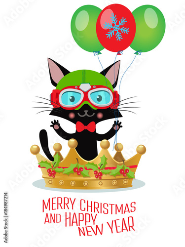 Be a Hero This Year. Merry Christmas And Happy New Year Greeting Card Design. Cute Cat With New Year Costume And Pilot Helmet. Vector Illustration.