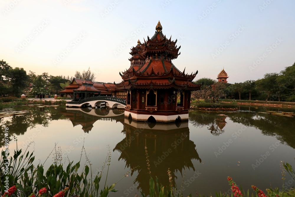 Asian pond-style pool pavilion