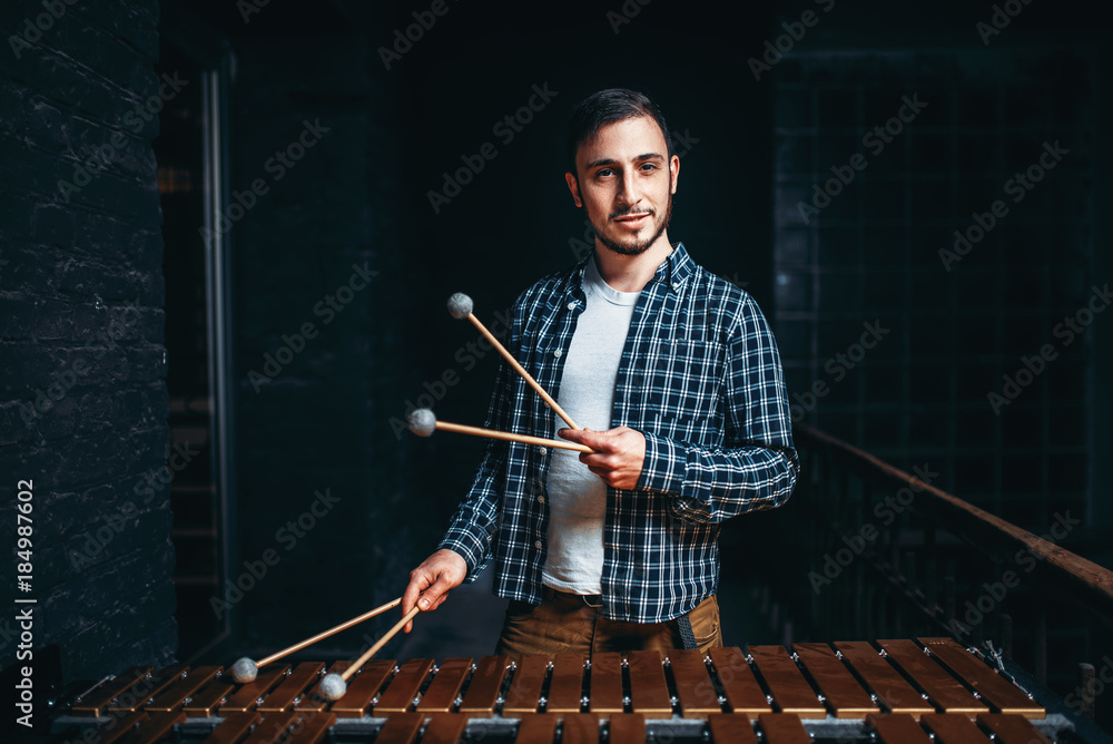 Fototapeta premium Young male xylophone player with sticks in hands