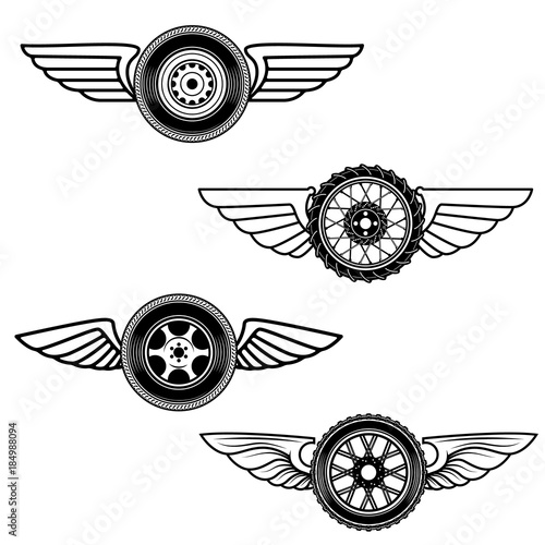 Set of winged wheels. Design element for logo, label, emblem, sign.