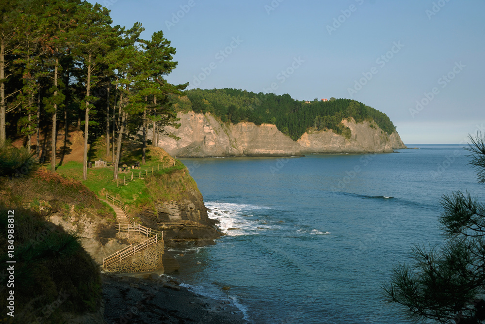 View of the ocean coastline, beach, forest, cliff, Spain, Ispaster