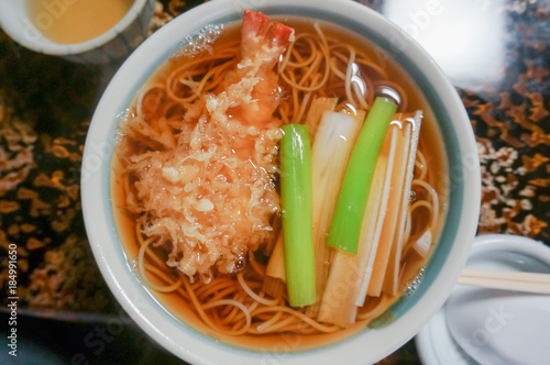 Hot buckwheat with shrimp Tempura , selective focus