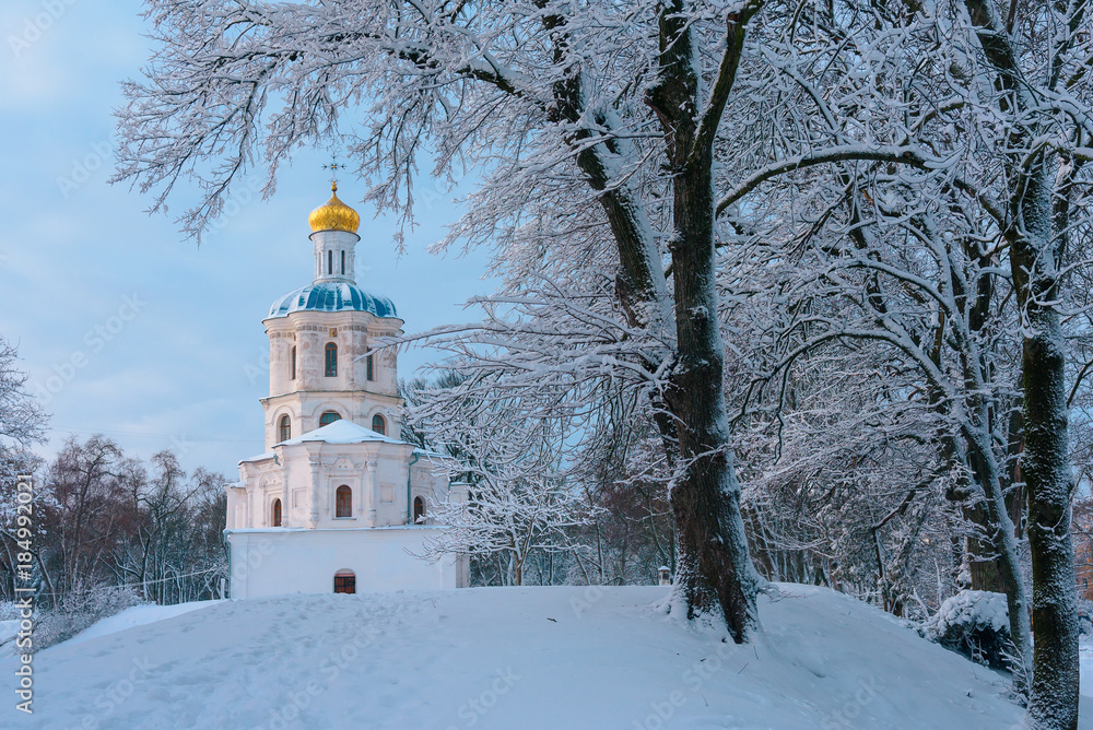 Chernihiv Collegium in winter, snowy ancient building