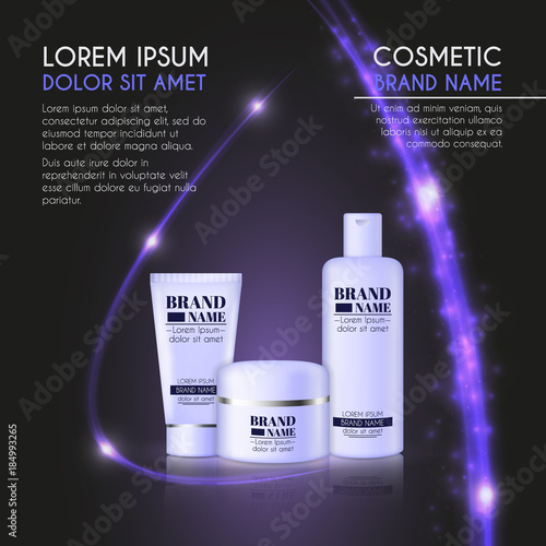 3D realistic cosmetic bottle ads template. Cosmetic brand advertising concept design with glowing sparkles and glitters abstract background