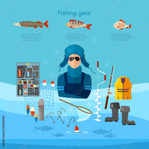 Winter fishing, rod, hooks, bait, fish, worms, vector flat illustration