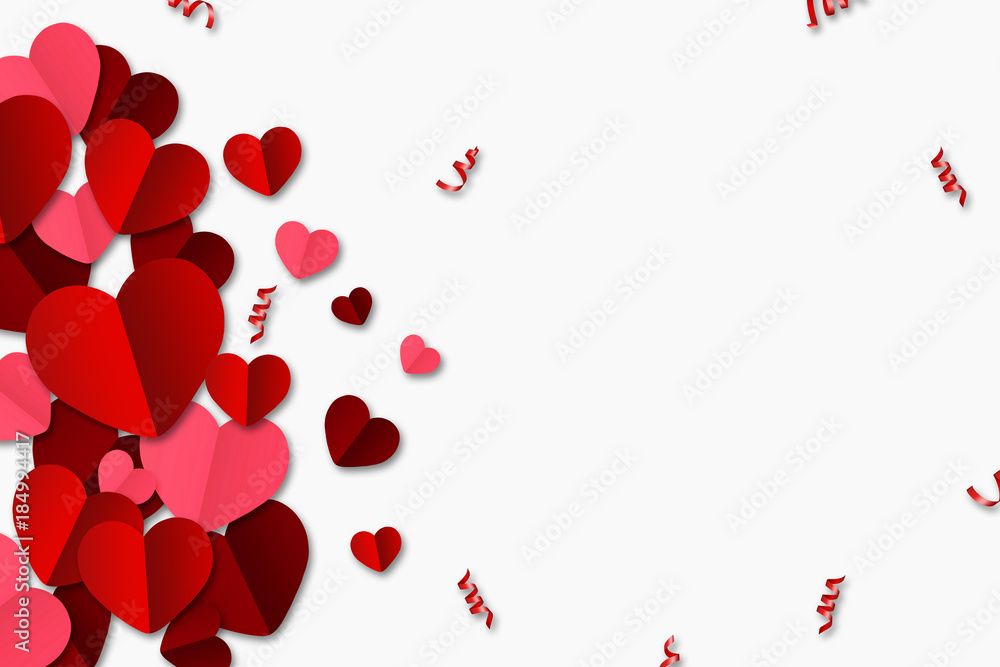 Happy Valentine's Day, web banner. Composition with red, paper hearts on a white background. Romantic background, Flyer, postcard, invitation, raster illustration.