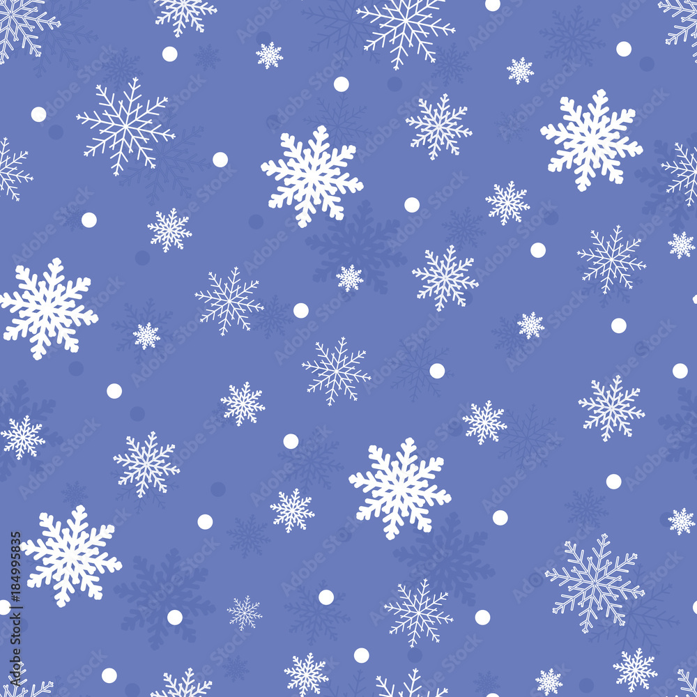 Winter seamless background with flat white snowflakes on a blue background. Vector Christmas background for fabric, textile, wrapping paper, postcard, invitation, wallpaper. New Year's background. Winter seamless background with flat white snowflakes on a blue background. Vector Christmas background for fabric, textile, wrapping paper, postcard, invitation, wallpaper. New Year's background.
