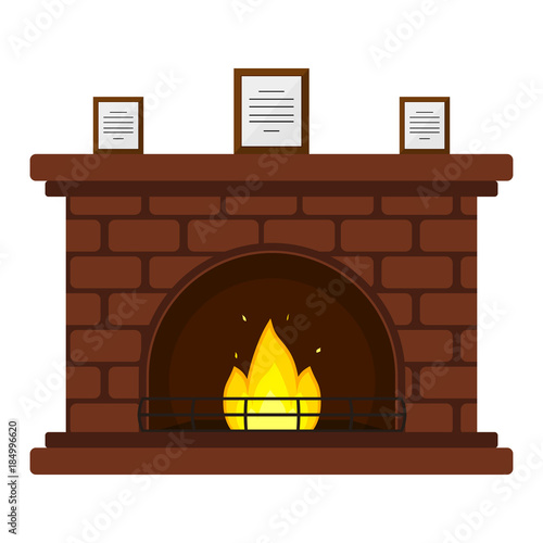 Vector illustration of red brick fireplace with framed documents, isolated on white background, in flat style.