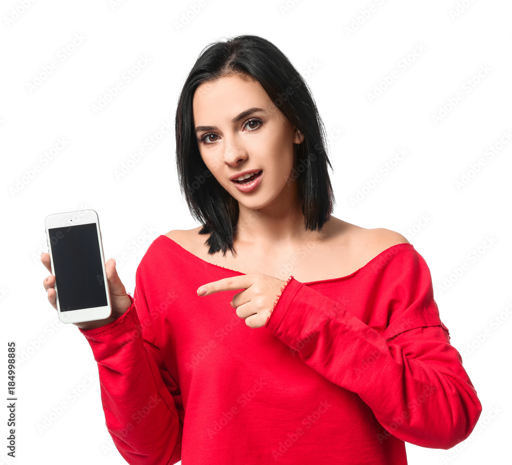 Beautiful young woman with mobile phone on white background Beautiful young woman with mobile phone on white background