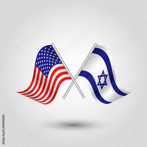 vector two crossed american and israeli flags on silver sticks - symbol of united states of america and israel