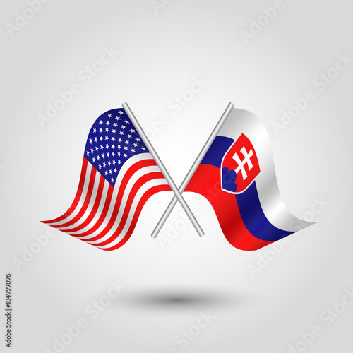 vector two crossed american and slovak flags on silver sticks - symbol of united states of america and slovakia