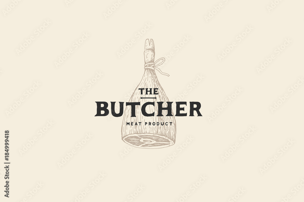 Retro hand-drawn logo butcher shop with picture of ham. Engraving label with sample text. Template for meat business. Vector Illustration.