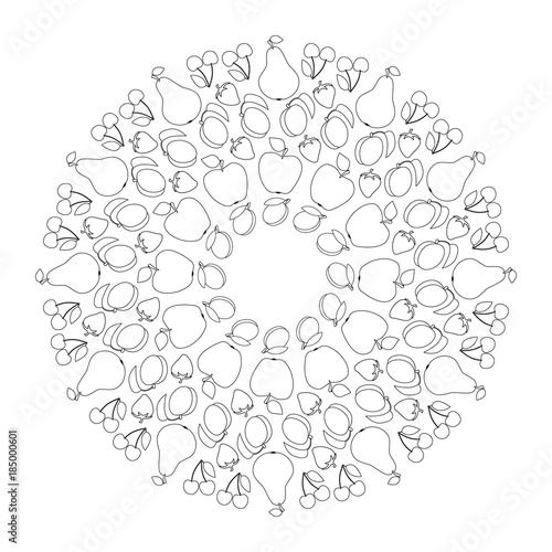 vector black and white circular fruity mandala with apple, pear, apricot, cherry, plum and strawberry - adult coloring book page