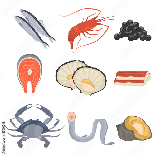 seafood flat icon set