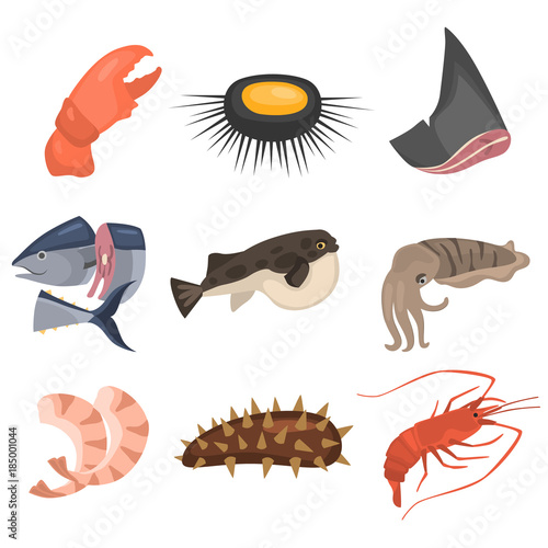 seafood flat icon set