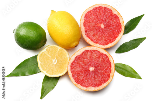 healthy food. grapefruit with green leaf isolated on white background top view