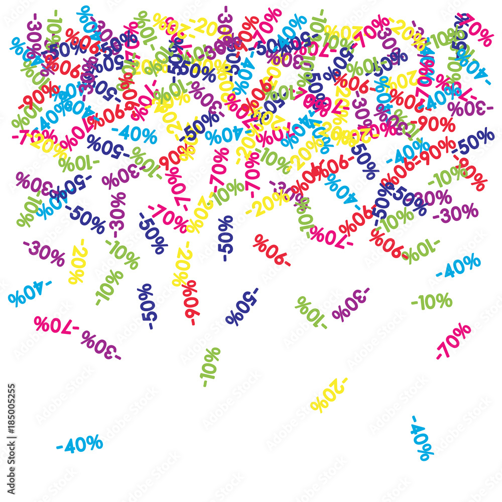 Obraz premium Sale Banner Confetti. Vector Falling Down -10, -20, -30, -40, -50, -70, 90 Banner or Sticker. Holidays Shopping Promotion Ads. Rebate Badge, Price Discount Hipster Sale Banner, Frame or Border