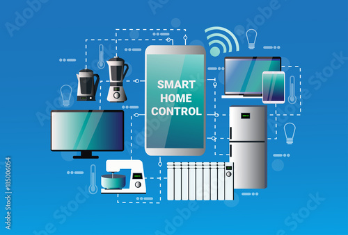 Smart Home Control System Smartphone Application Devices Automation Concept Modern House Technology Vector Illustration