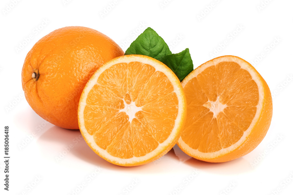 Orange with slice with leafs isolated on the white background Orange with slice with leafs isolated on the white background