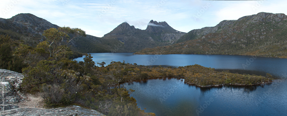 View on Dove Lake from Dove Lake Circuit in Cradle Mountain NP in Tasmania
