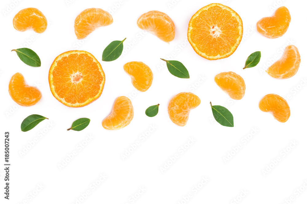 slices of tangerine with leaves isolated on white background with copy space for your text. Flat lay, top view. slices of tangerine with leaves isolated on white background with copy space for your text. Flat lay, top view.