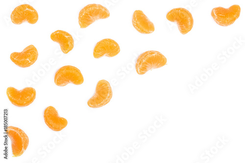 slices tangerine with leaves isolated on white background with copy space for your text. Flat lay, top view.