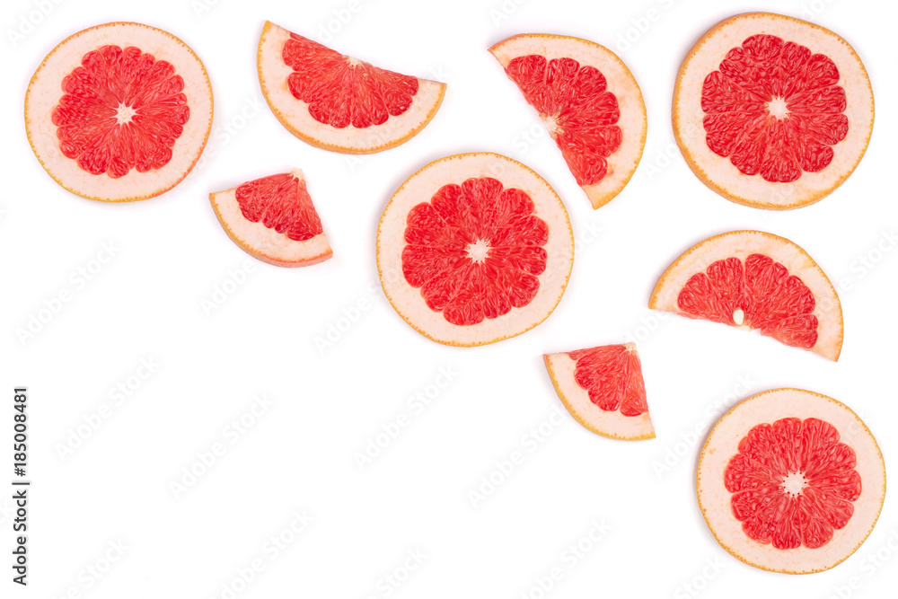 Grapefruit slices isolated on white background with copy space for your text. Top view. Flat lay pattern Grapefruit slices isolated on white background with copy space for your text. Top view. Flat lay pattern
