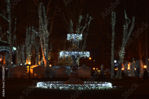 Advent in Zagreb, Croatia. Fountain at Zrinjevac park decorated with Christmas lights