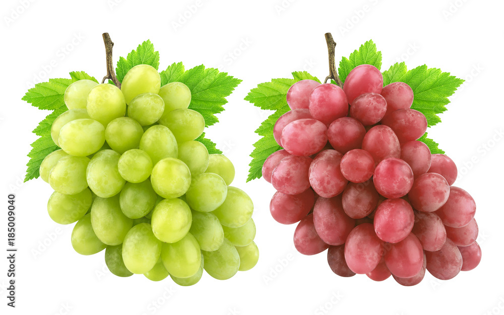 Fototapeta premium Red and green grape with leaves isolated on white background. Collection