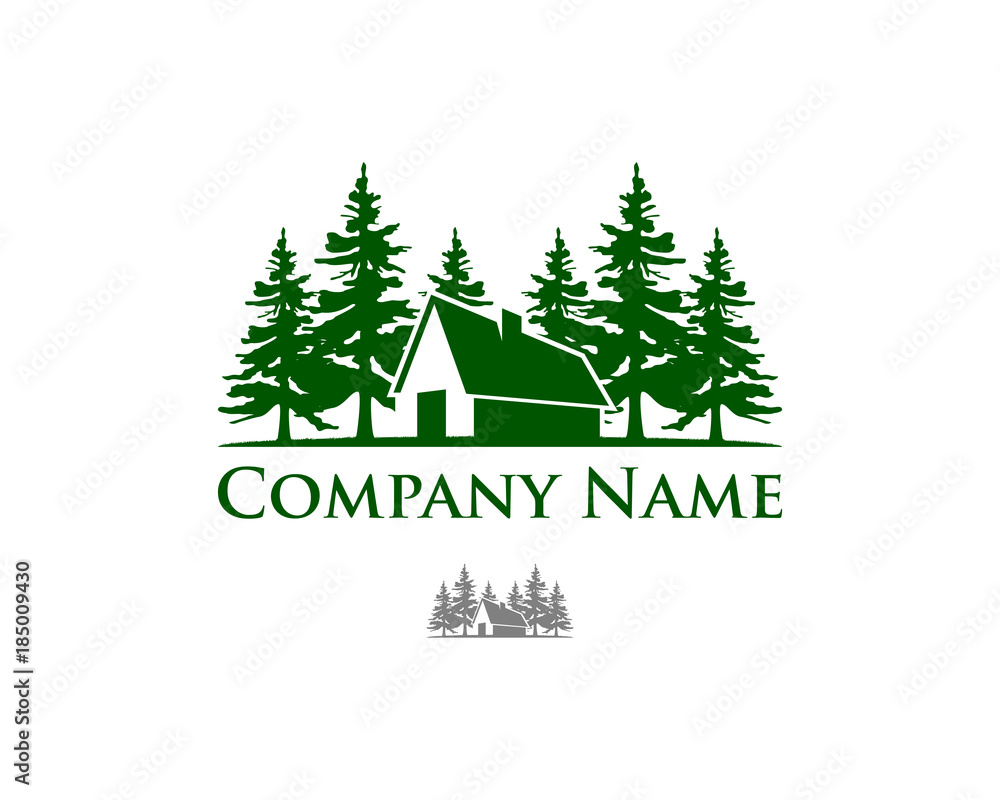 Pine Tree with House on the Forest Company Logo