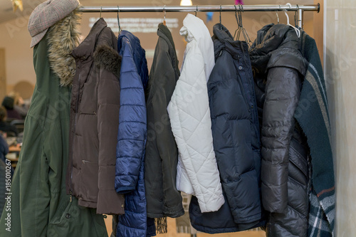 Winter jackets on a hanger