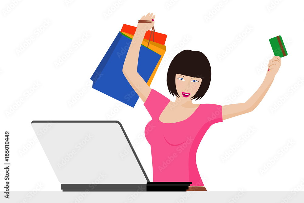 Fashion girl buying online with credit card and shopping bags