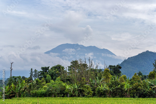 Agung volcano eruption view near rice fields, Bali, Indonesia