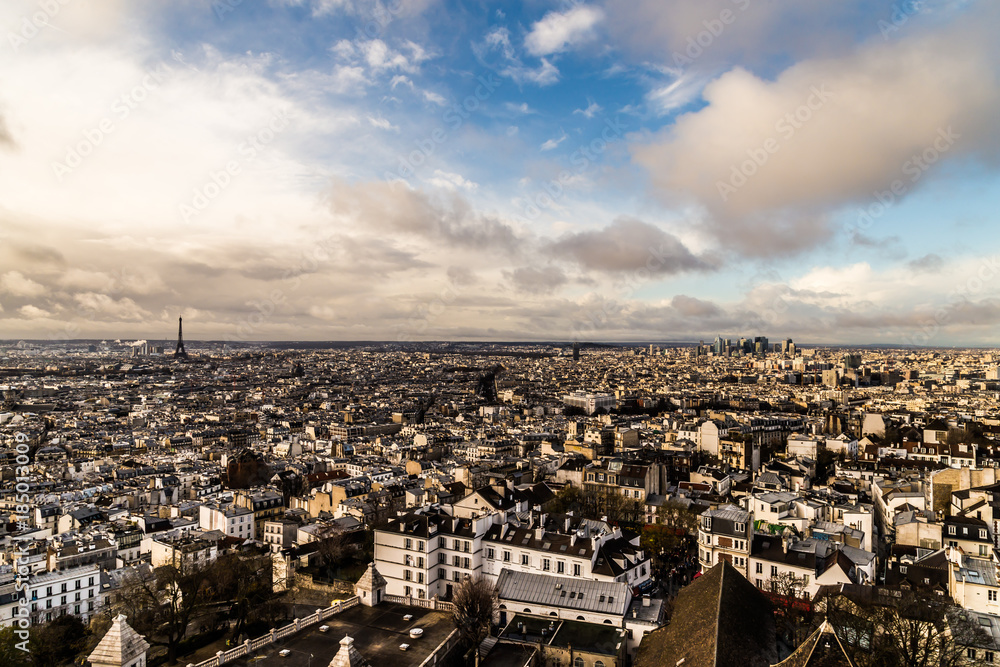 Aerial view of Paris with the Eiffel Tower from Sacre Coeur Basilica 