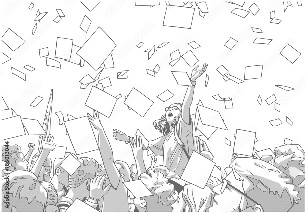 Illustration of students celebrating victory, graduation, freedom with sheets of paper flying in the air