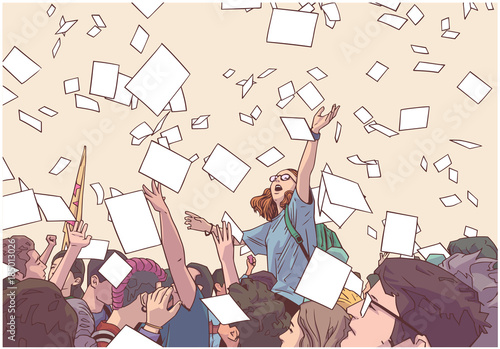Illustration of students celebrating victory, graduation, freedom with sheets of paper flying in the air in color
